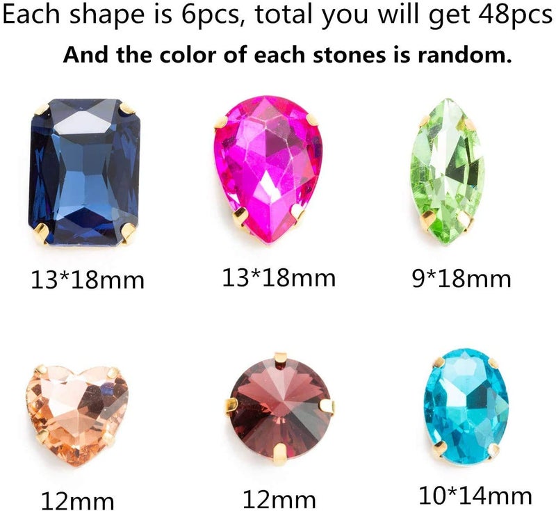 Choupee Sew On Rhinestones, Choupee 48PCS Mixed Shapes Flatback Sew On Glass Rhinestone Sewing Claw Rhinestone for Craft, Clothes, Garments, Dress, Earring, Belt and Shoes (Mixed, Gold Claw) - Image 2